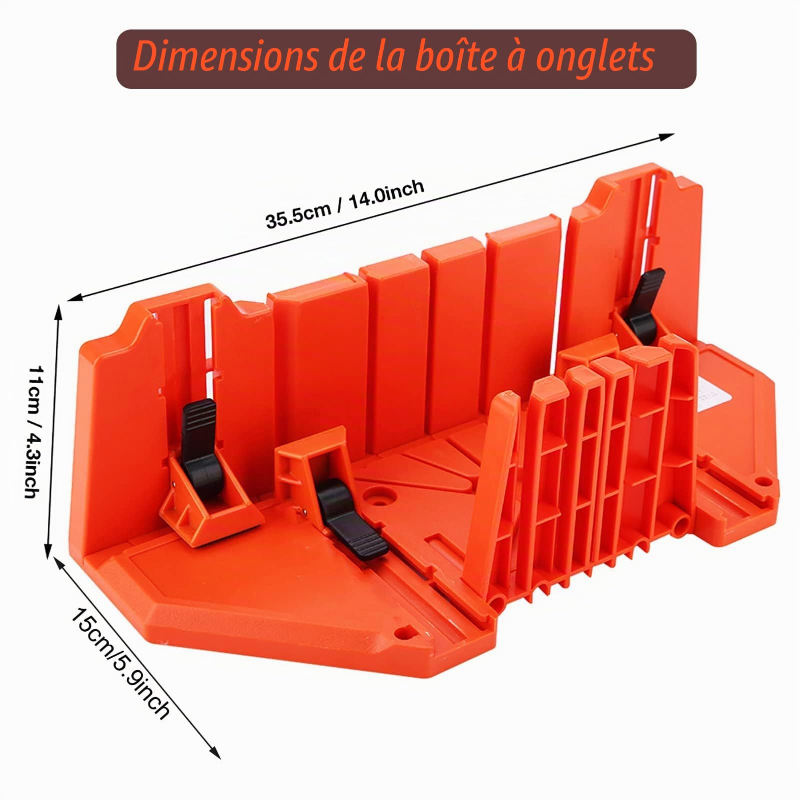 Boîte à onglets et scie en plastique de 35,6 cm, scie arrière en acier renforcé pour une coupe précise, préréglée à 90 degrés, 45 degrés, 22,5 degrés et 0 degré.