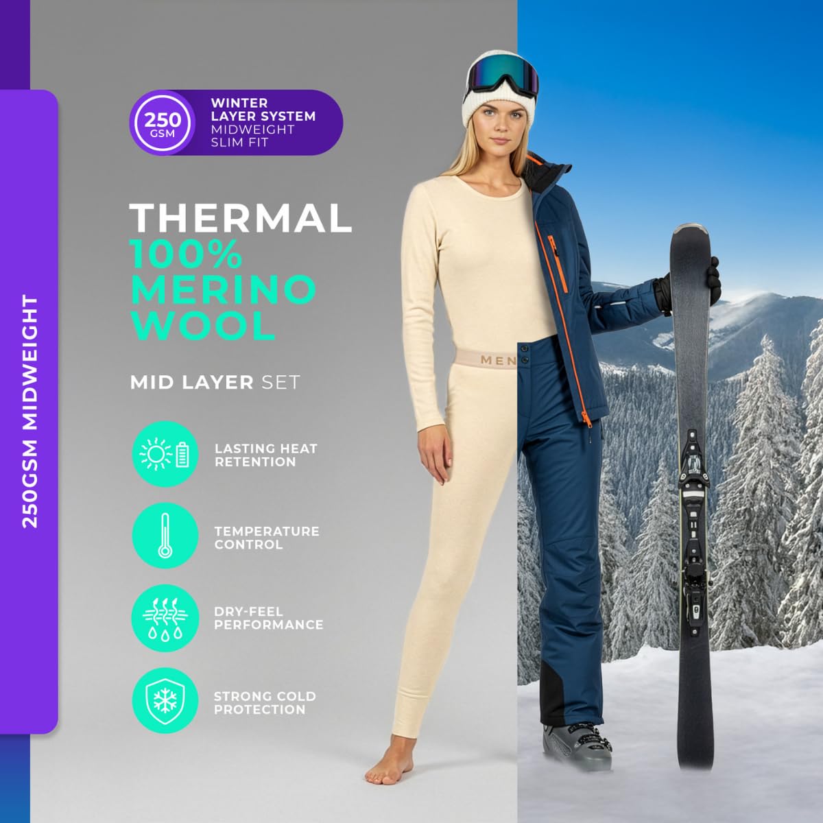menique Conjunto de ropa interior térmica para mujer, 100 % lana merina, capa base térmica de 250 g/m², camiseta de manga larga y leggings, ropa interior para invierno, esquí, deportes al aire libre