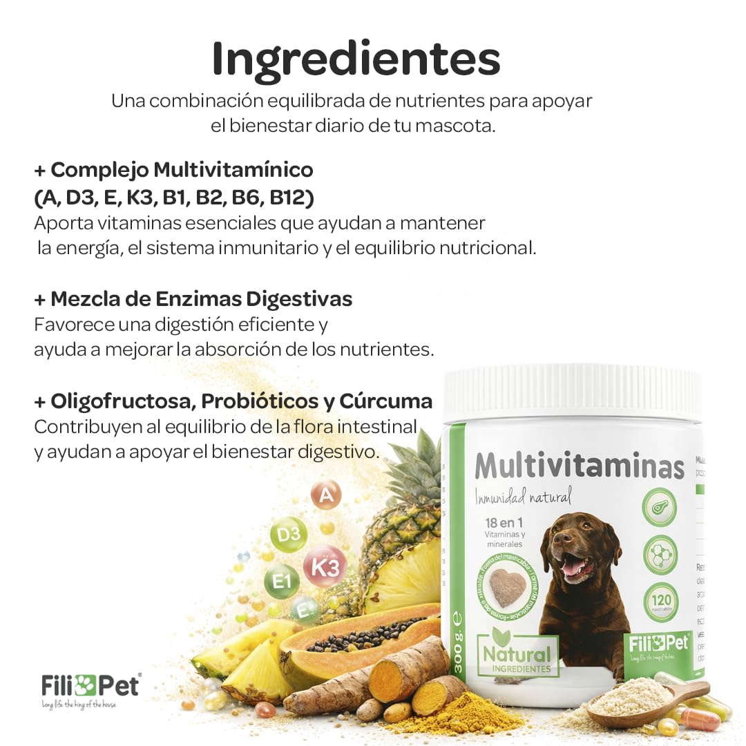 Multivitaminas y minerales para Perros, 120 masticables Sabor Ternera | con glucosamina, probióticos y enzimas digestivas | Apoyo Articular, digestivo e inmunológico