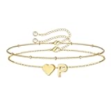 Christmas Gifts for Grandkids Teens Girls -14K-Gold-Plated Heart Initial Bracelets for Women Girl Dainty Gold Bracelets Birthday Gift Stocking Stuffers for Women Teenage Girls Kids Gifts