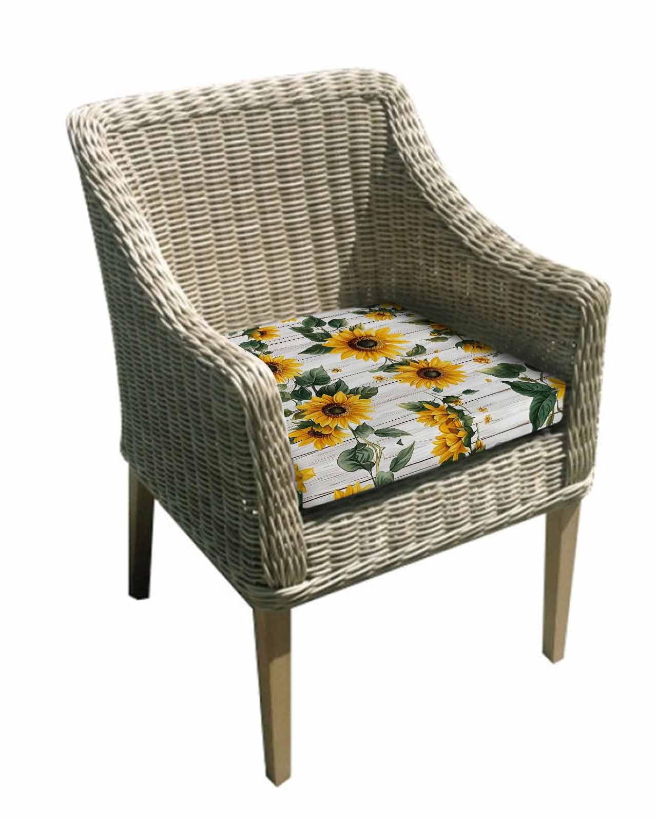 Yellow Sunflowers Outdoor Cushion Chair Cover Set of 4 - Waterproof Couch Seat Covers, Country Botanical Floral Wooden Grain Patio Furniture Protector Cushions Slipcovers for Sofa/RV, 20