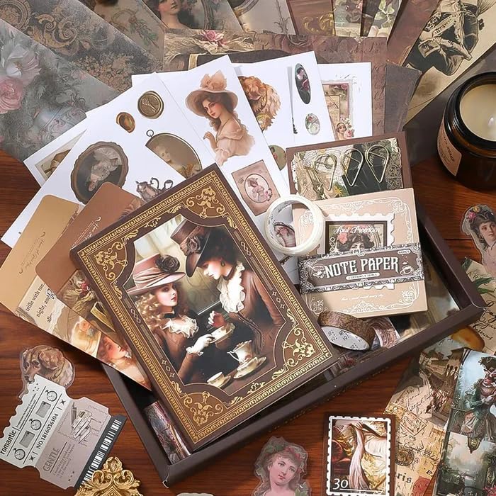 Image of VOTDOT Paper Junk Journal & Scrapbook Kit, Scrapbooking Supplies Kit with Creative Decor Journaling Supplies, Stationery, Stickers, A6 Grid Notebook with Graph Ruled Page Gift for Girl (Queen Victoria)