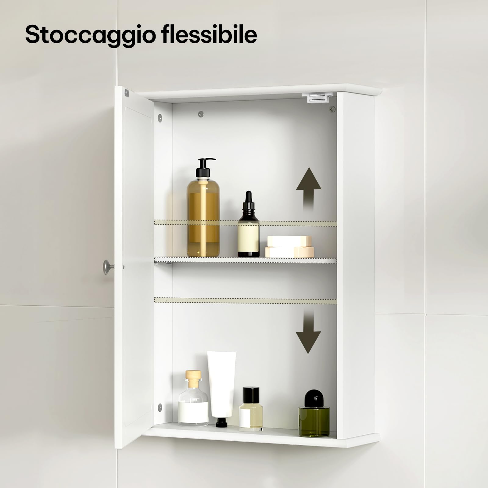 eSituro Armadietto da Bagno a 1 Ante Mobiletto Pensile con Specchiera Salvaspazio Mobile a Muro con Ripiani Regolabili, Bianco 42x12x58.5cm (LxPxA)