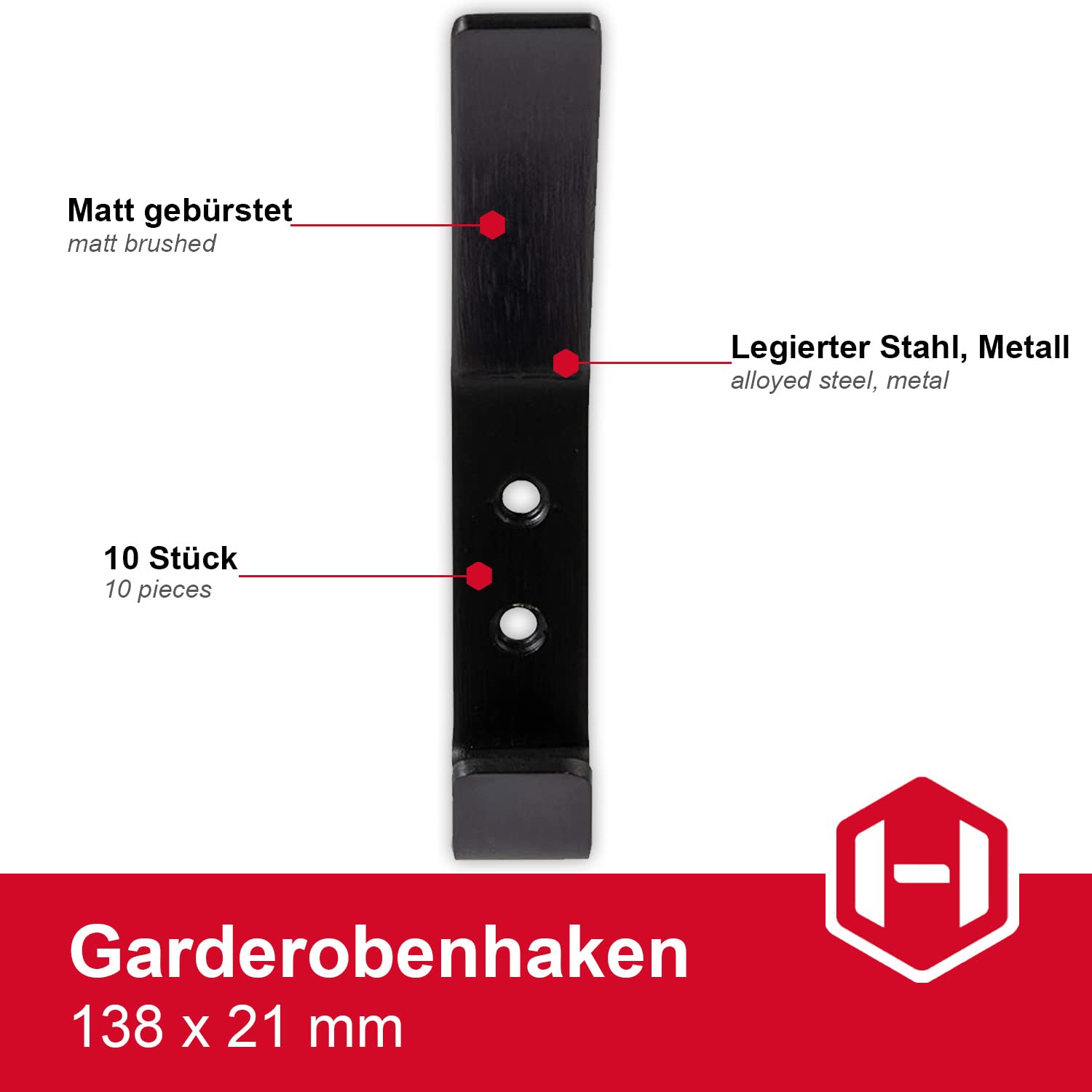 GedoTec Moderner Design Wand-Garderobe groß Garderobenhaken | 10 Stk. Metall Kleiderhaken schwarz matt | SANDRA | Haken Stahl schwarz matt | Wandhaken zum Schrauben | Mantelhaken für die Wand-Montage