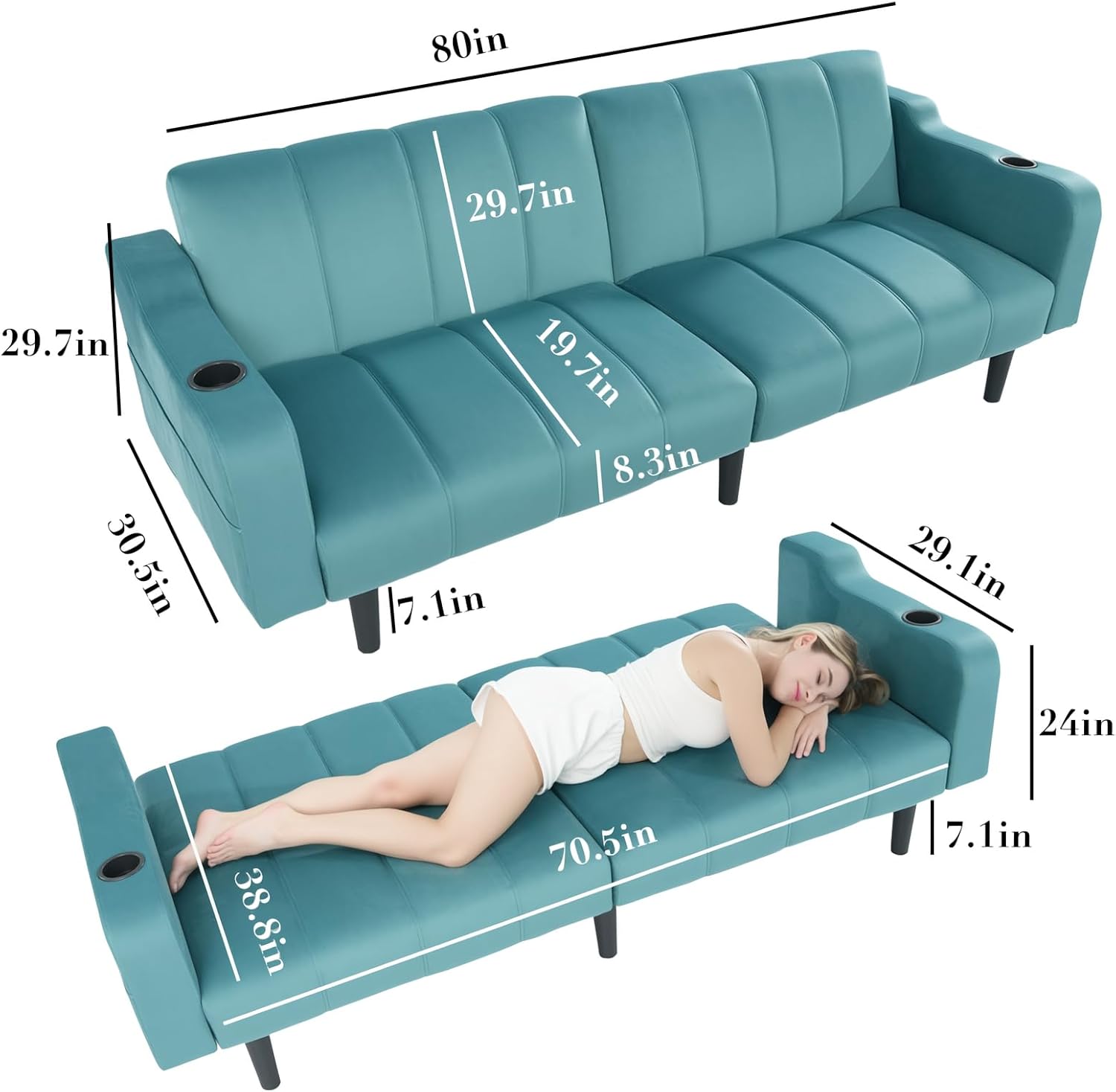 Brelice Futon Sofa Bed, 80" Sleeper Loveseat, Futon Couch with Cup Holders & Side Pockets, Velvet Sofa Cama for Living Room and Small Space,Teal