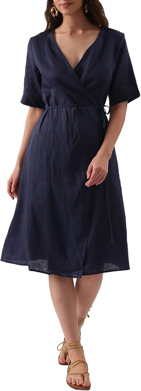 Amazhiyu Women's 100% Linen Summer Wrap Midi Dresses with Pockets Short Sleeve