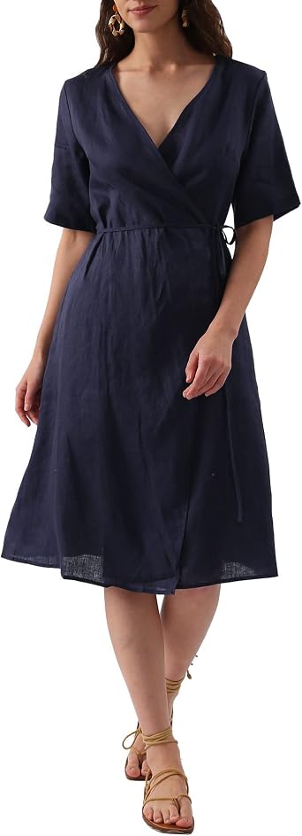Amazhiyu Womens Pure Linen Summer Short Sleeve Wrap Midi Dresses with Pockets
