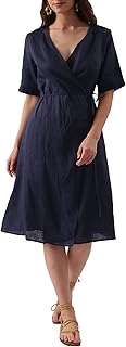 Women's 100% Linen Summer Wrap Midi Dresses with Pockets Short Sleeve