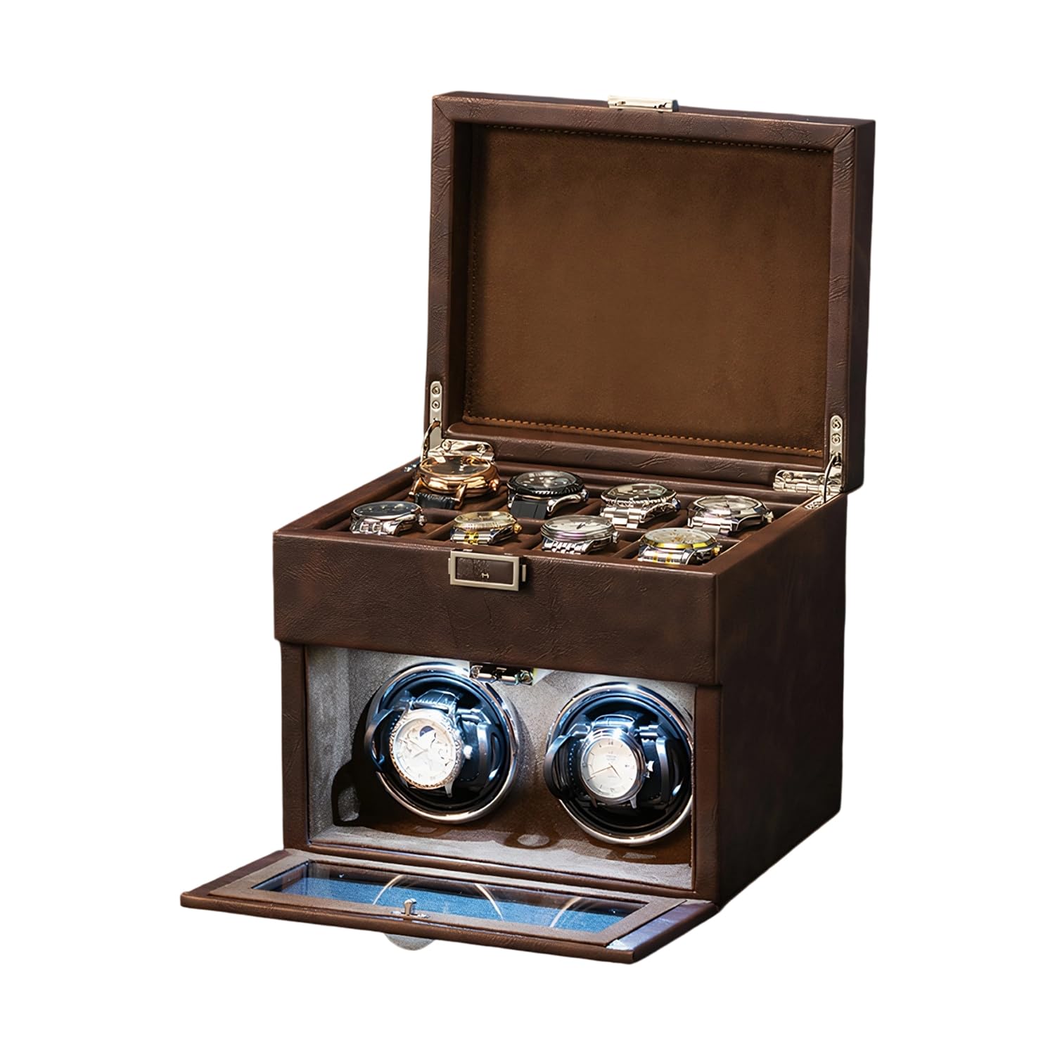 Remontoir automatique pour montres automatiques avec éclairage LED et 8 boîtes de rangement supplémentaires, remontoir automatique avec moteur super silencieux, support de montre réglable