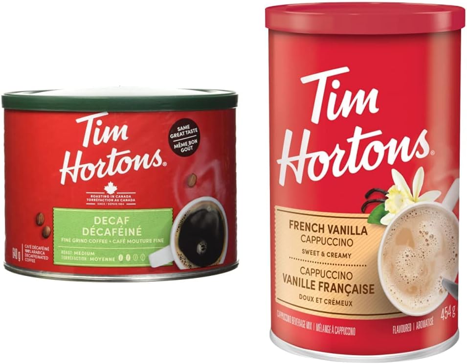 Tim Hortons Decaf, Fine Grind Coffee, Medium Roast, 640g Can & Tim Horton's Instant Cappuccino