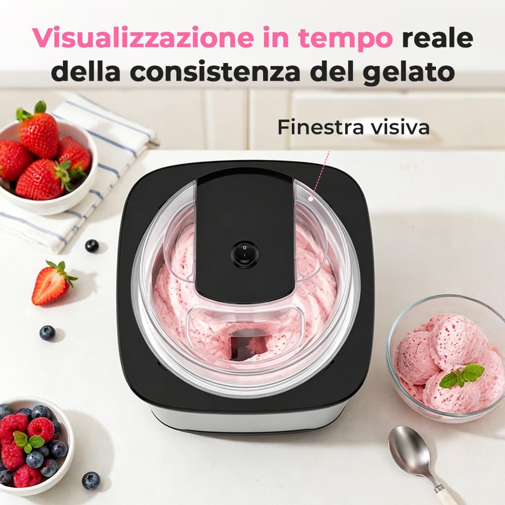 Gelatiera 2L Macchina Gelato Acciaio con Copertura Trasparente per la Visualizzazione, Paletta Gelato Speciale e Ricettario, per Fare il Gelato e lo Yogurt, Sorbetto