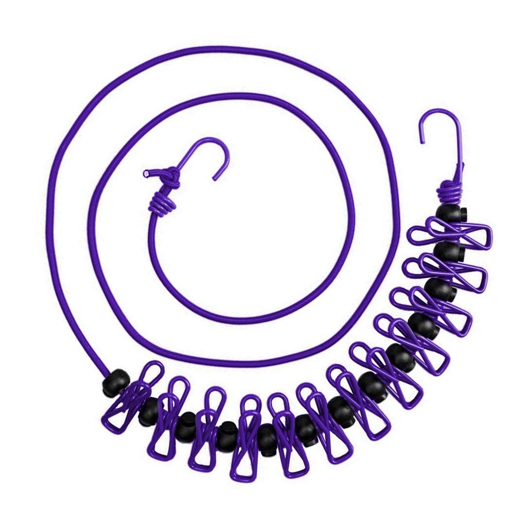 M&J Portable Travel Elastic Clothesline, Adjustable Laundry Clothesline, Windproof Positioning Buckle Clothes Line Rope With 12pcs Clothespins for Outdoor Indoor Use - Purple
