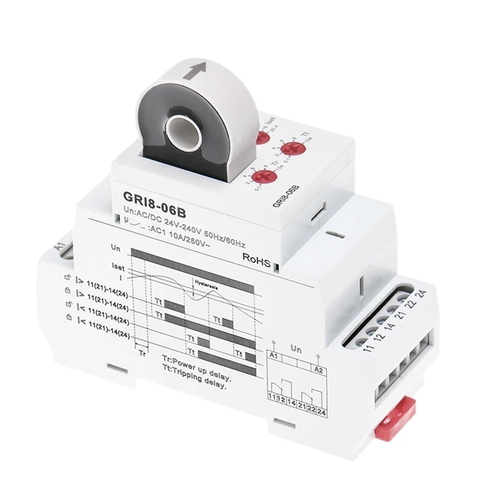 1 Stück GRI8-06 Gleichstrom-Überwachungsrelais, Überstrom-/Unterstromsensor, 2 SPDT, 8 A, Stromprüfrelais, AC/DC 24 V–240 V, Schließer, Öffner