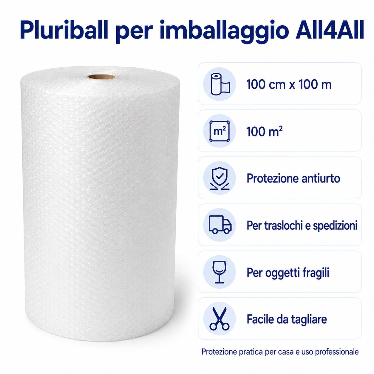 All4All Pluriball per Imballaggio 100 cm x 100 m, Rotolo con Bolle d’Aria, 100 m², Protezione Antiurto per Spedizioni, Traslochi, Mobili e Oggetti Fragili
