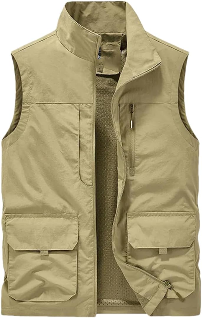 Pulcykp Men's Hiking Vest Jacket Outdoor Stand Collar Multi-Bag Biker Hunting Fishing Waistcoat
