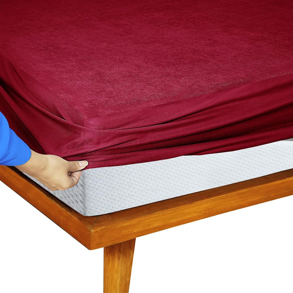 Feelme Mattress Protector Single Size Waterproof Mattress Cover for Single Bed Cotton Feel Terry(78x48 Inch/ 6.5x4 Feet Maroon)-image-44