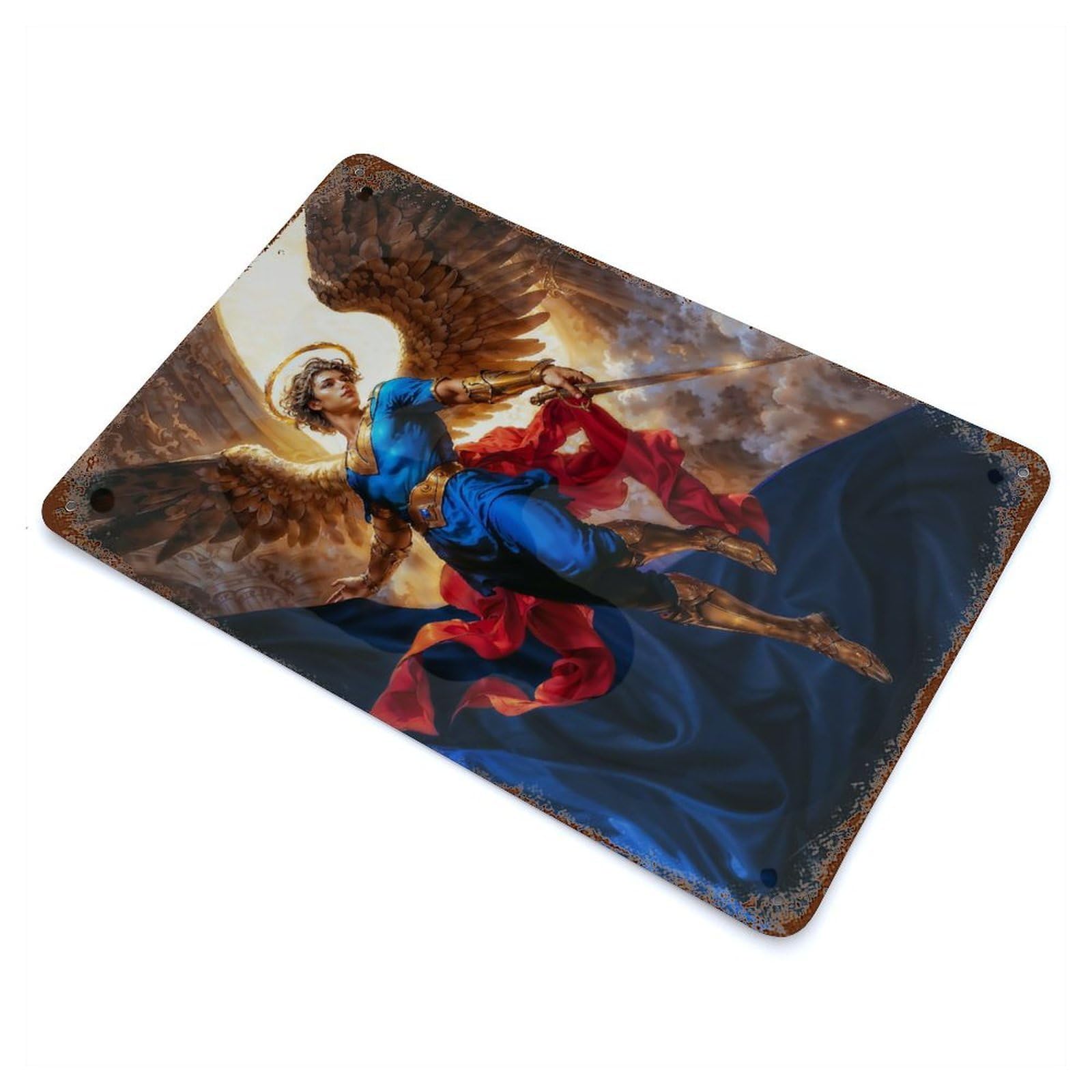 Aged Metal Wall Plaque with Angel Michael with Sword And Golden Wings Design 11.8"x7.9", for Basement, Hobby Room And Garage Decor, Farmhouse Wall Decor