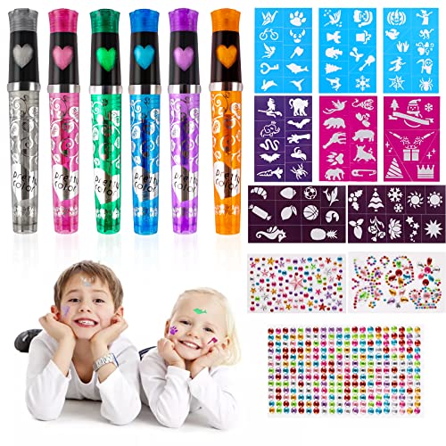 6pcs Rotuladores Tatuajes Niños, Marcadores para Tatuajes Temporales, Kit de Tatuajes Temporales con 8 Plantillas 80 Estilos+ 3 Diamantes Pegatinas, para Halloween, Navidad, Fiesta Cover
