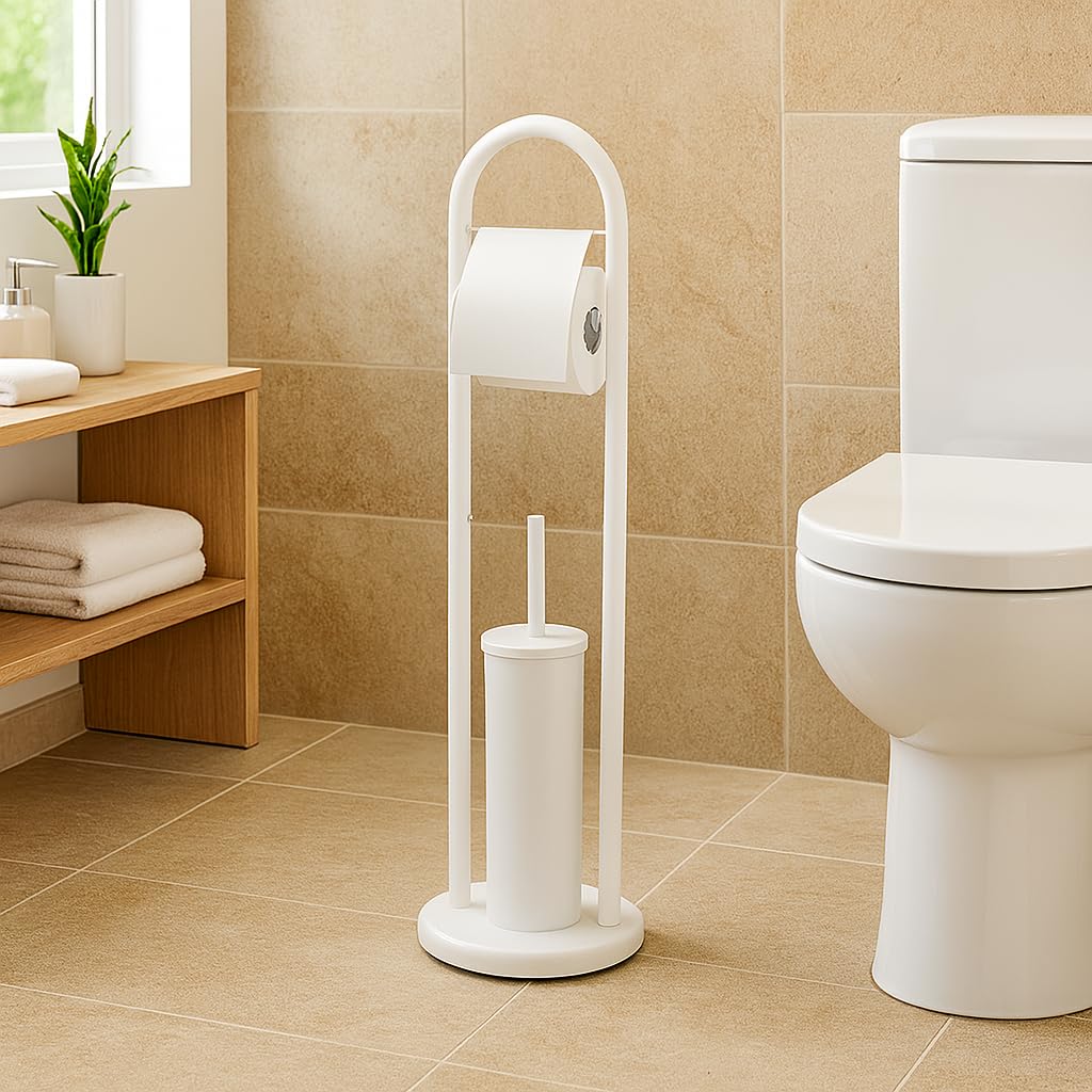 Piantana Portarotolo e Scopino Bianco, Porta Carta Igenica e Scopino da Terra, Scopino Wc con Porta Carta Igenica
