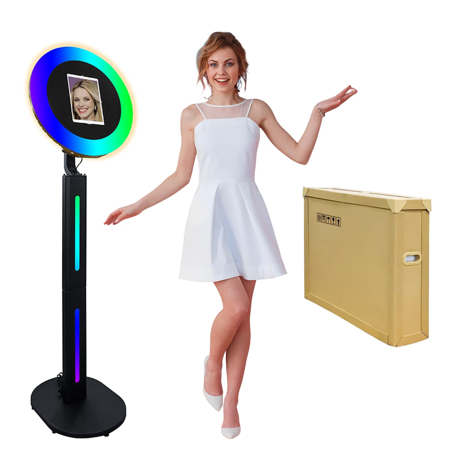 Portable Photo Booth for iPad 10.2" 10.9" 11" 12.9" Selfie Photobooth Stand with RGB LED Ring Light Photobooth Machine with Honeycomb Box Packing for Parties Events (Black, WMIP-004)