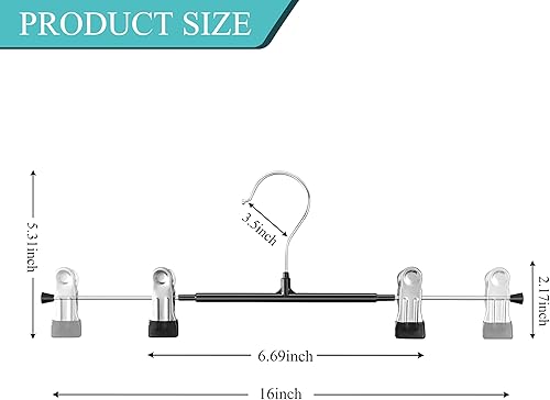 Miniatura 21 de Perchas para pantalones con clips para mujer, paquete de 20 perchas ajustables y resistentes que ahorran espacio para faldas, pantalones negro