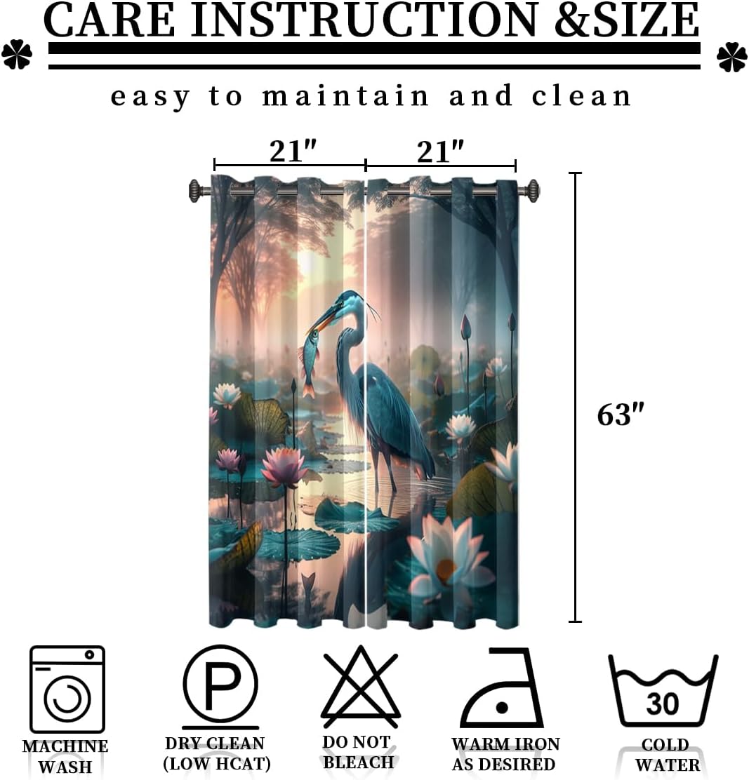 Fantasy Crane Heron Bird Blackout Bedroom Curtains for Windows-Watercolor Summer Forest Pond Lotus Flower Fishing Window Treatment,Blackout Grommet Curtains-21W x 63L 2 Panels