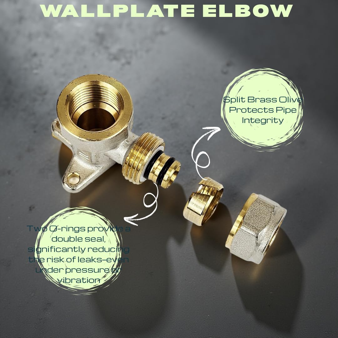 Wrmer System 16mm x 1/2" Wall Plate Elbow Female Compression Fitting for Plumbing Connections Pack of 2 - Image 2
