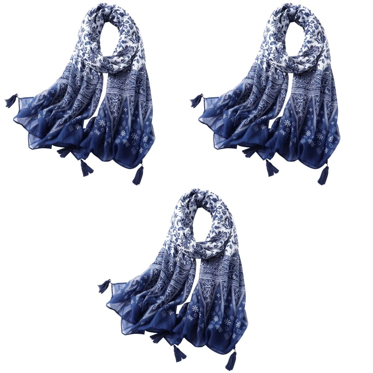 GALPADA 3pezzi Sciarpa Lunga Cotone Con Motivo Porcellana Blu e Bianco Elegante Sciarpa Frangia Femminile Per Picnic Spiaggia e Attività All Aperto