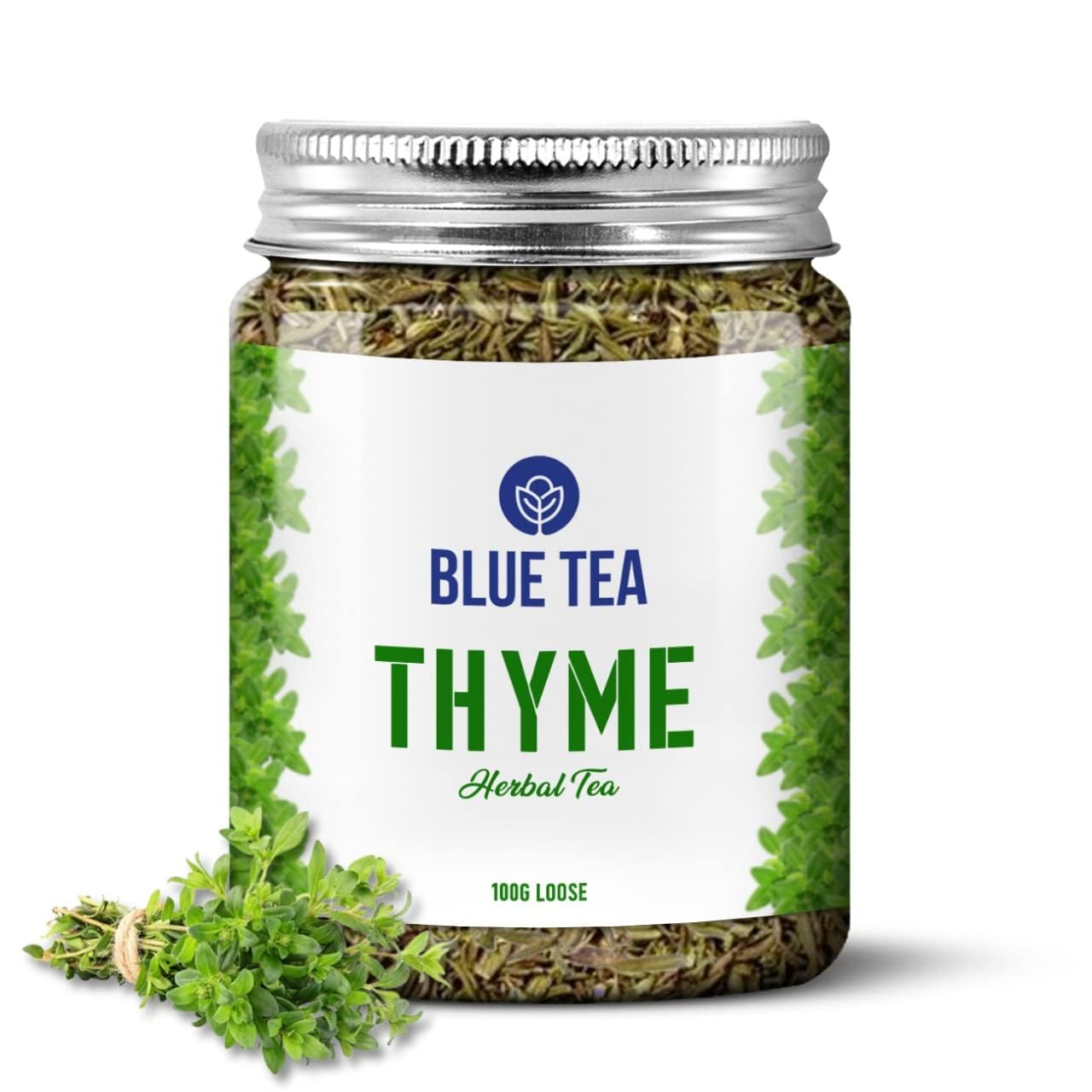 BLUE TEA - Thyme Tea - 100g - 100 Cups | Rich in Antioxidants | For cough and cold relief | Supports Digestion | Caffeine Free - Leaf Based - Herbal Tea - Gluten Free - Non-Bitter | Pet Jar