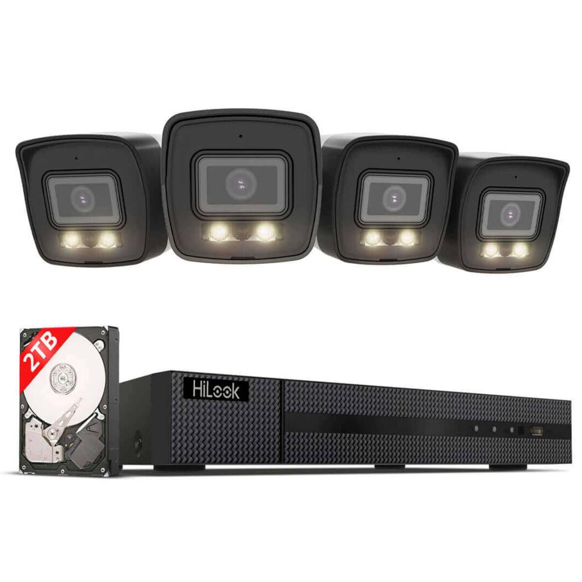 HiLook® by HIKVISION PoE Überwachungskamera Set mit 4X 8MP 4K Bullet Kameras und Hybrid Light Nachtsicht Schwarz KI Person Fahrzeugerkennung 8CH NVR 2TB HDD wetterfest App Steuerung