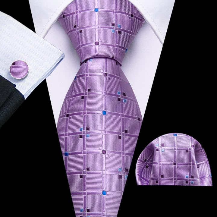 Image of Barry.Wang Designer Classic Ties for Men Set Formal Pocket Square Cufflink Check Plaid