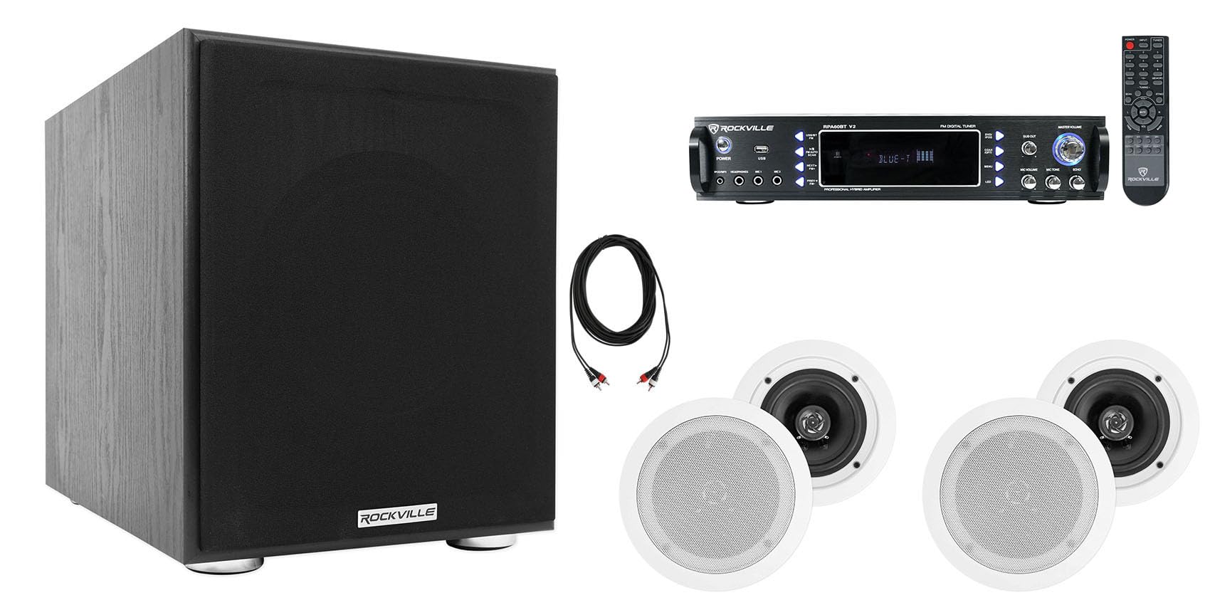 Rockville Bundle RPA60BT V2 1000W USB/Bluetooth DJ/Pro/Karaoke Amplifier Mixer Bundle with Pair of (2) HC55 Speakers, Rock Shaker 8