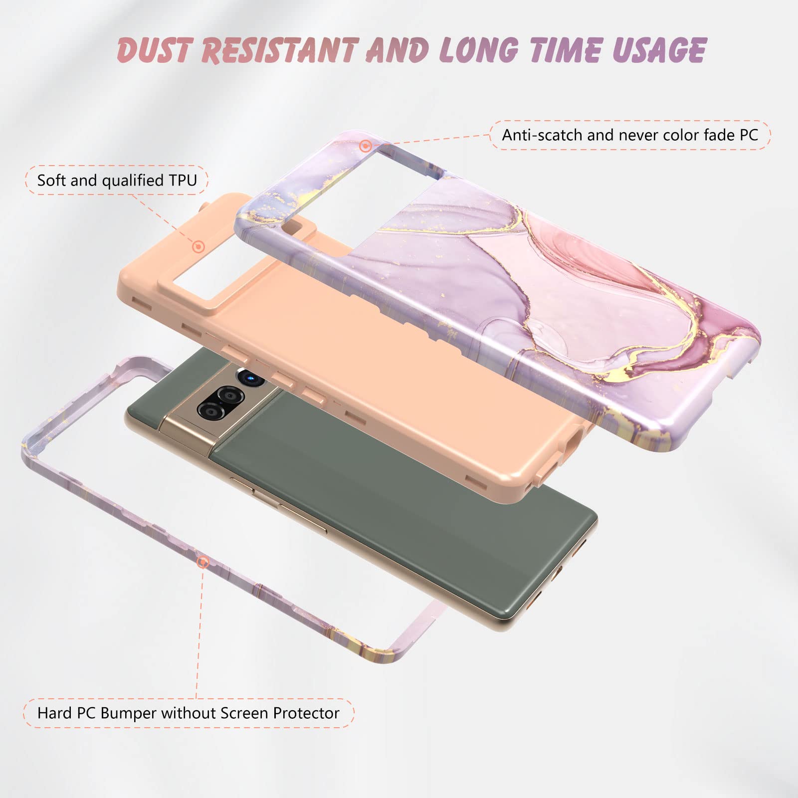 KSWOUS Case for Google Pixel 7 Pro Case, Pixel 7 Pro Marble Case 3 in 1 Shockproof Heavy Duty Hybrid Full Body Protection Hard PC Bumper Cover for Pixel 7 Pro for Women Girls, Pink