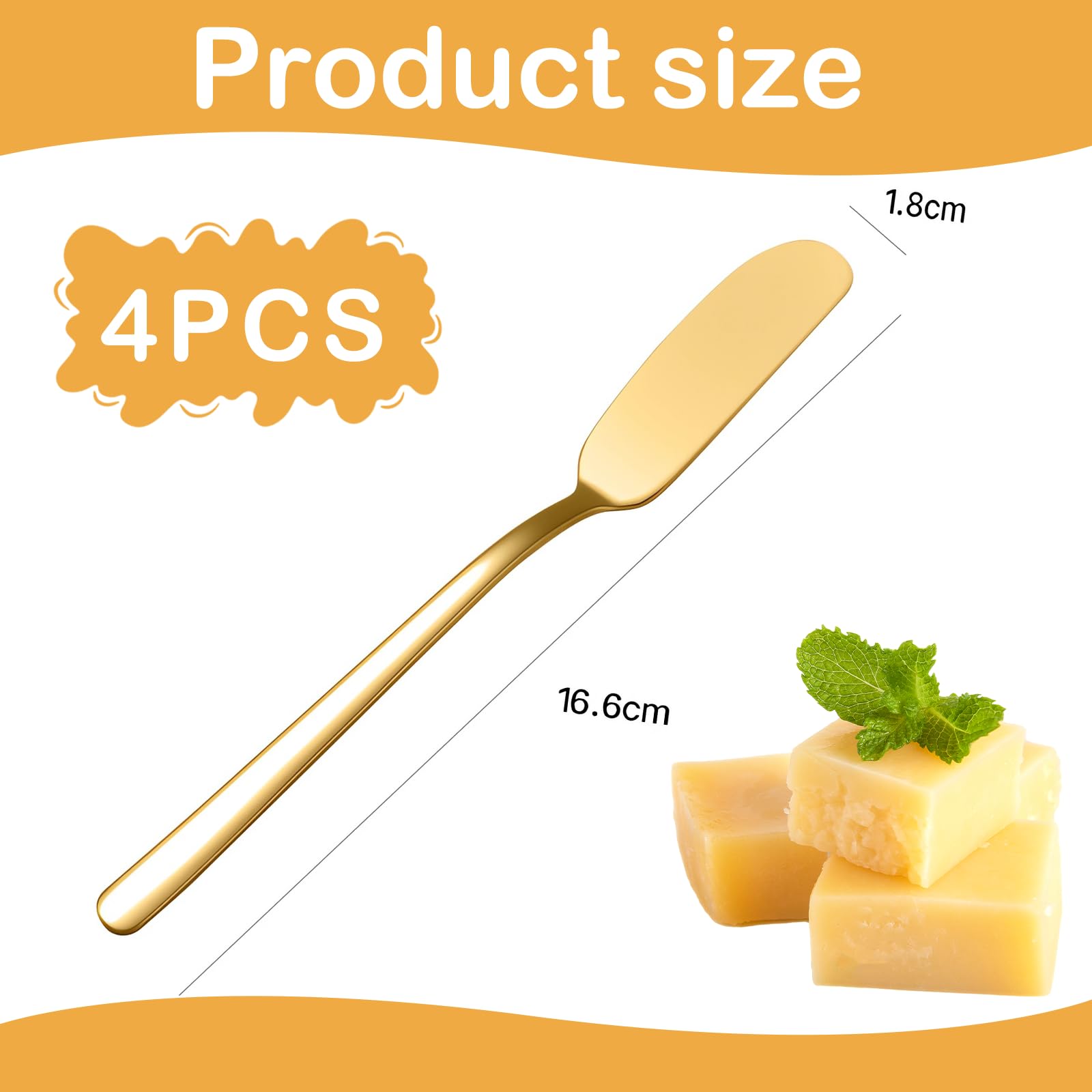 DabbOo 4 Cuchillo Mantequilla Cuchillo de Mantequilla de Acero Inoxidable Butter Knives de Diseño Moderno cuchillo untar Aptos para Lavavajillas Utensilios de Cocina y Comedor (Dorado)