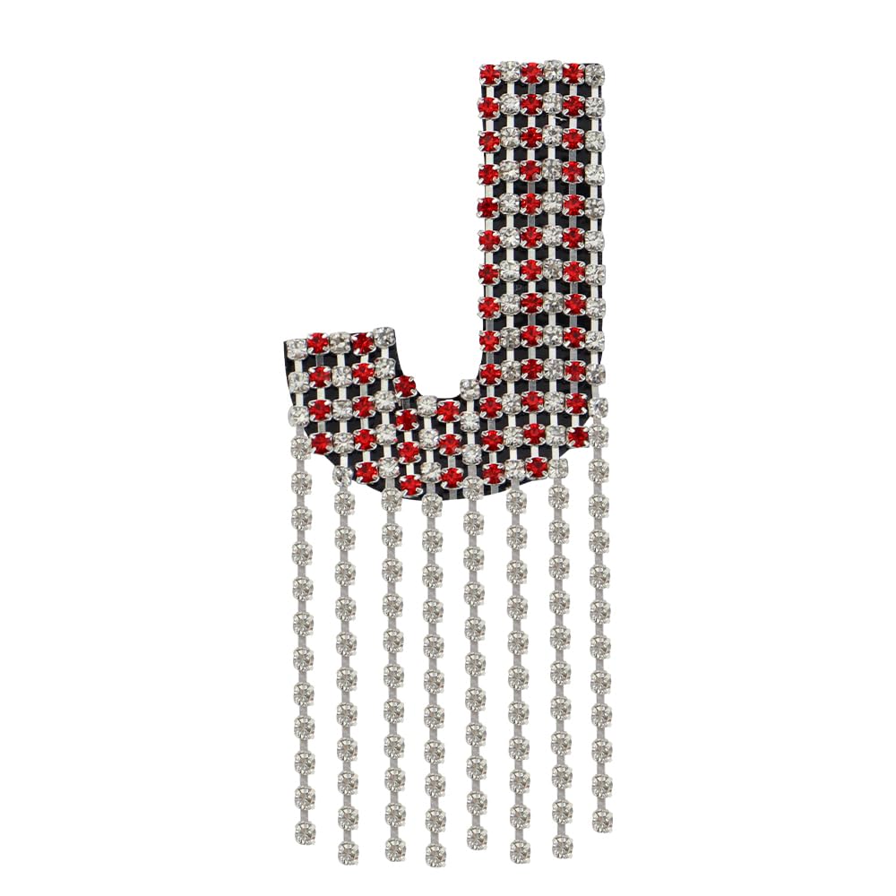 Rhinestone Sew On Patch A-Z Crystal Bead Rhinestone Letter Patch Fringe Alphabet Applique English Letter for DIY Craft Supplies 2pieces (Red J 2pieces)
