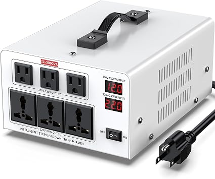 3000W Heavy Duty Voltage Converter Transformer Step Up 110V to 220V & Step Down 220V to 110V, Auto Input Recognition, 3 US & 3 Universal Outlets, LCD Display, Circuit Breaker for Travel & Home