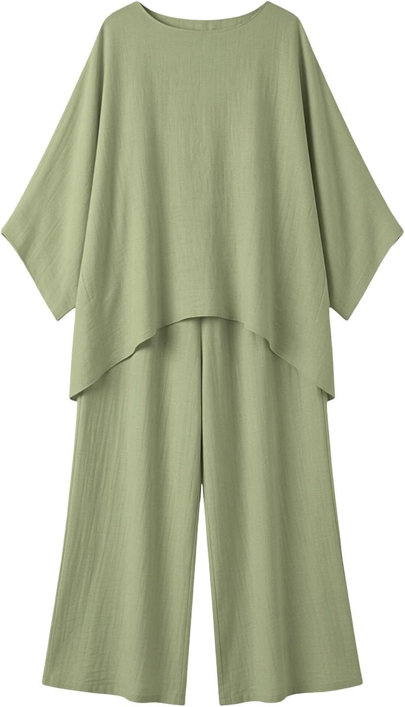 Womens Linen 2 Piece Sets Loose Fits Long Sleeve Tops Flowy Palazzo Pants Summer Beach Vacation Outfits Loungewear