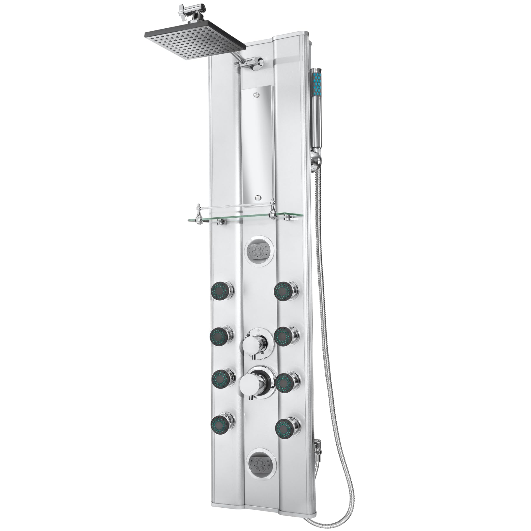 tectake® Columna Ducha con Hidromasaje, Grifo Ducha y de Mano, 10 Chorros Masaje, Diseño Moderno, Fácil Instalación, Anticalcáreo, Duchas de Baño, Estructura de Aluminio - Plateado