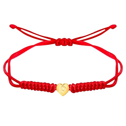Vista 37 de Dainty Gold Heart Love Charm Initial Bracelet Black Pink Red String Rope Letter Bracelet for Girls Boys Women Men Christmas Gift (Red, J)