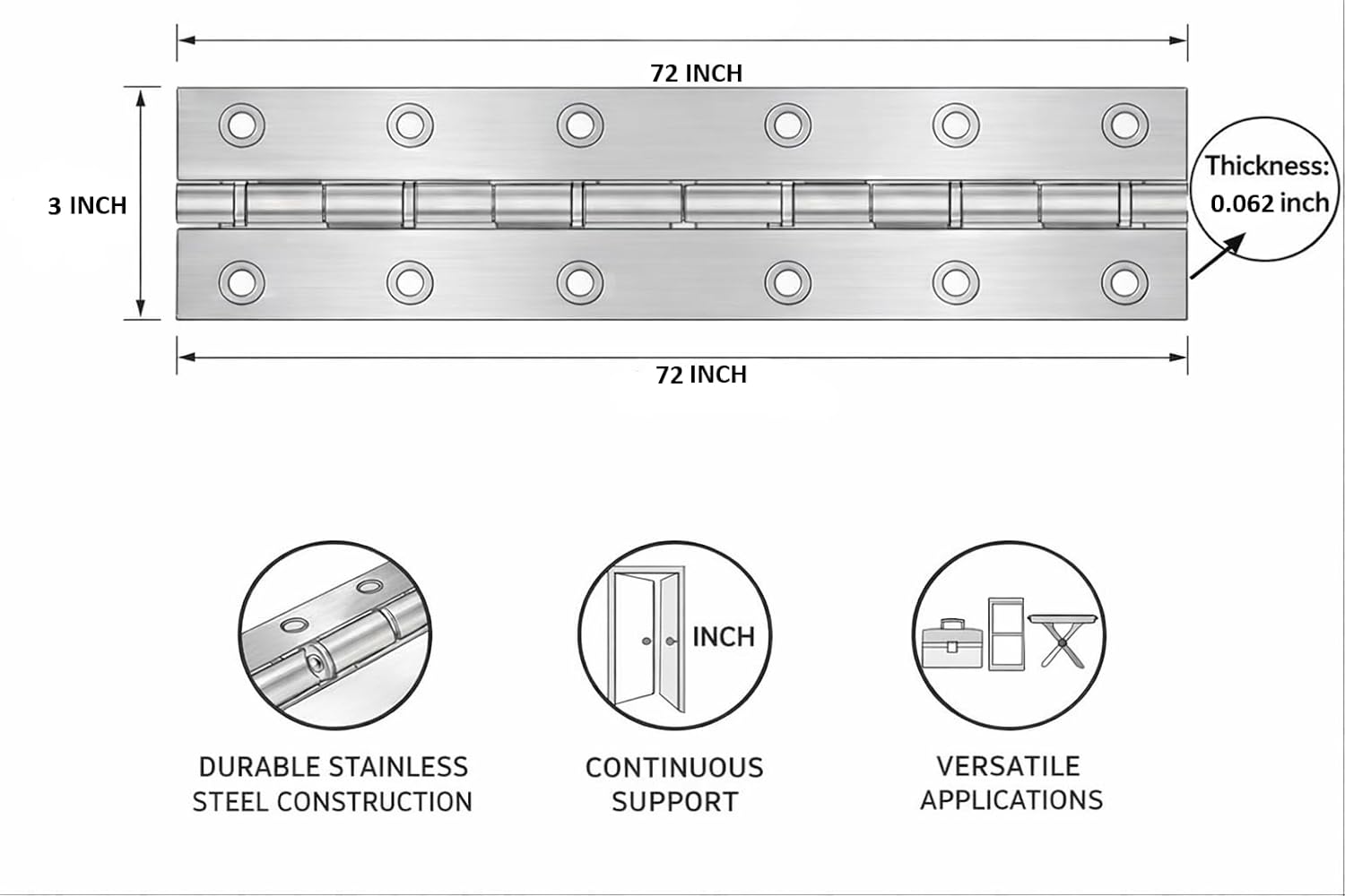 Heavy Duty Stainless Steel with Holes Continuous Hinge - 0.062 Inch Thickness, 0.120 Inch Pin Thickness, 3 Inch Open Width, 72 Inch Length