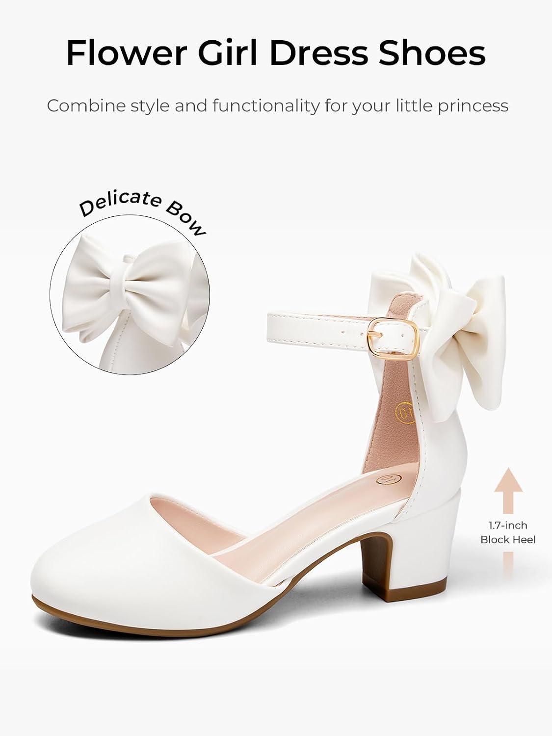 Haloumoning Girls Dress Shoes Flower Girl Chunky Low Heels Closed Toe Bow Pumps Wedding Party Shoes