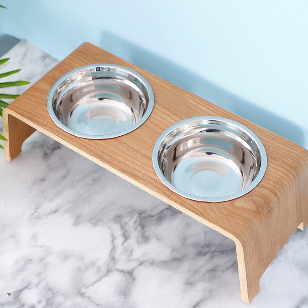 Cuencos Elevados para Mascotas con Soporte De Madera Cuencos Elevados para Gatos, Comedero para Mascotas, Bebedero para Perros Pequeños Y Gatos con 2 Cuencos De Acero Inoxidable