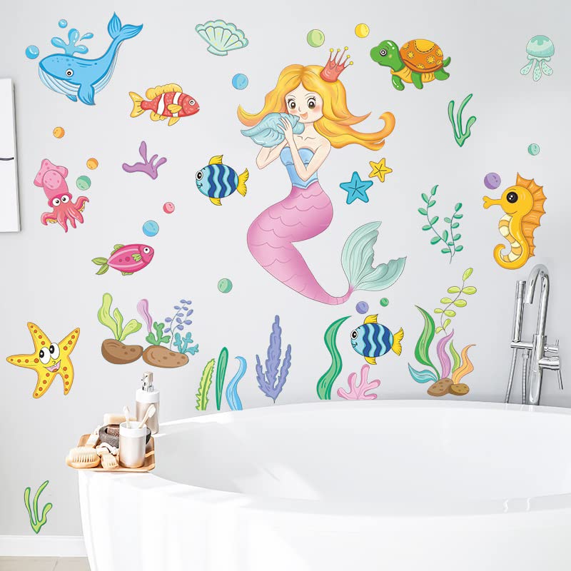 Image of Sea Mermaid Ocean Theme Wall Stickers for Kids Baby Girl Wall Stickers for Kids Room Bedroom Bathroom Playroom Nursery Living Room Decor Wall Art Nursery Kids Room Decoration Boho