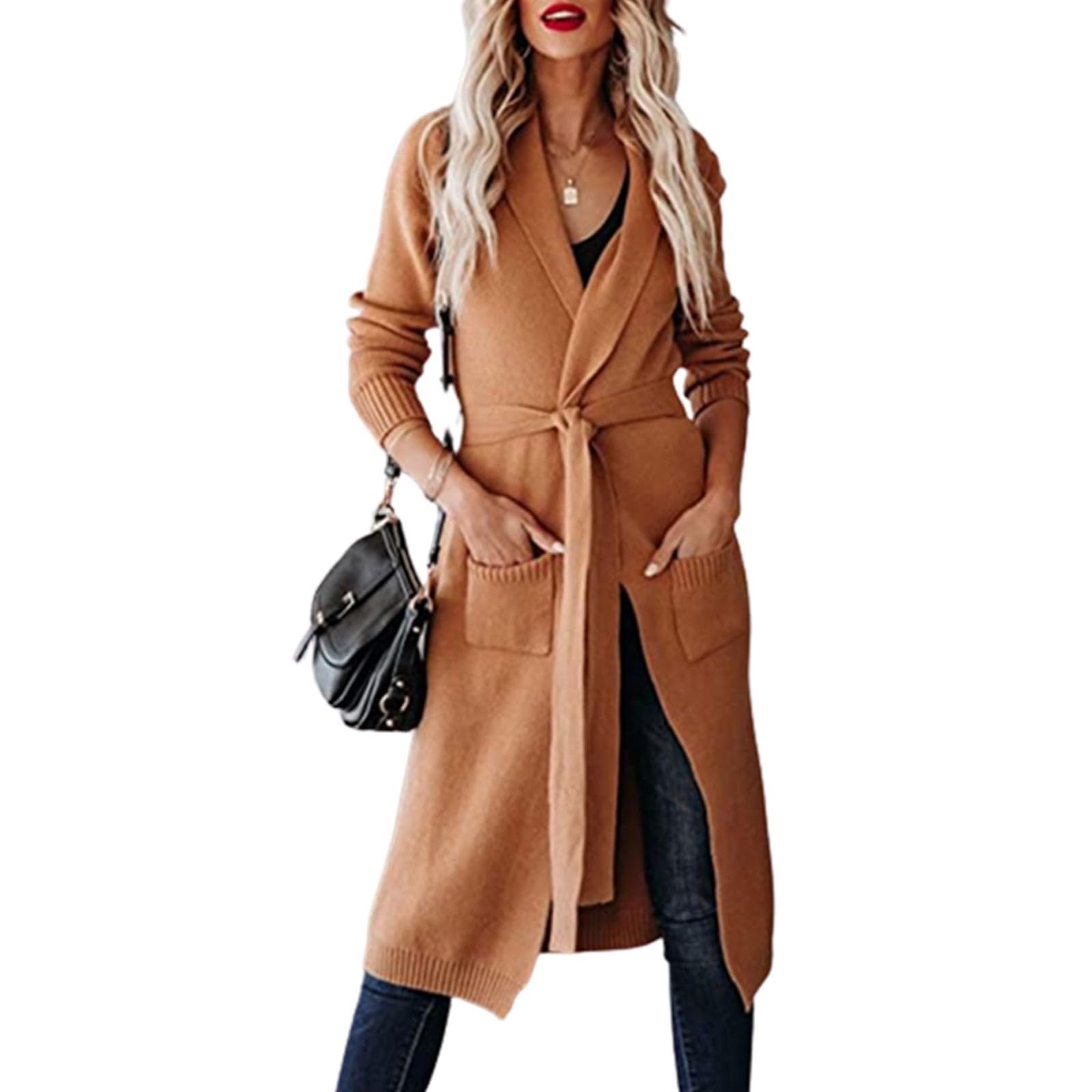 Cárdigan para mujer, cárdigan largo de punto con cinturón, cuello en V, manga larga, informal, cómodo, elegante, con frente abierto, cómodo, abrigo de punto