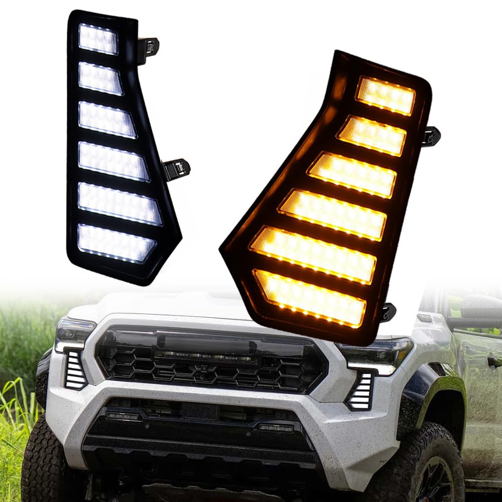 amopacorp 2pcs LED DRL Sequential Daytime Running Light Front Bumper Fog Lamp with Turn Signal Assembly Compatible with Toyota Tacoma 2024 2025 | White Switchback Amber | Black Housing Clear Lens