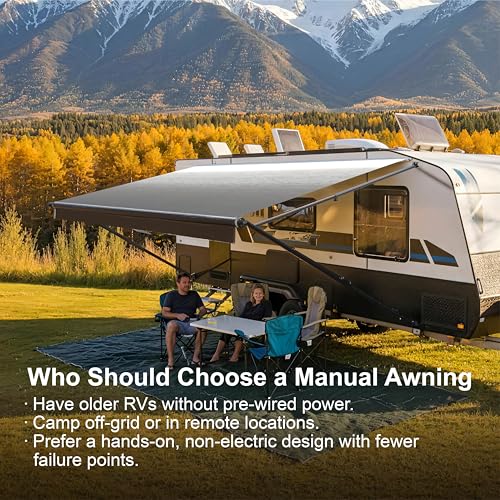 Image of Suncode RV Awning for RV,Camper&Travel Trailers-Manual RV Awning Complete Kit,Manual Camper Awning,RV Roll Out Awning- 10x8Ft - Black Frame &Black Fade