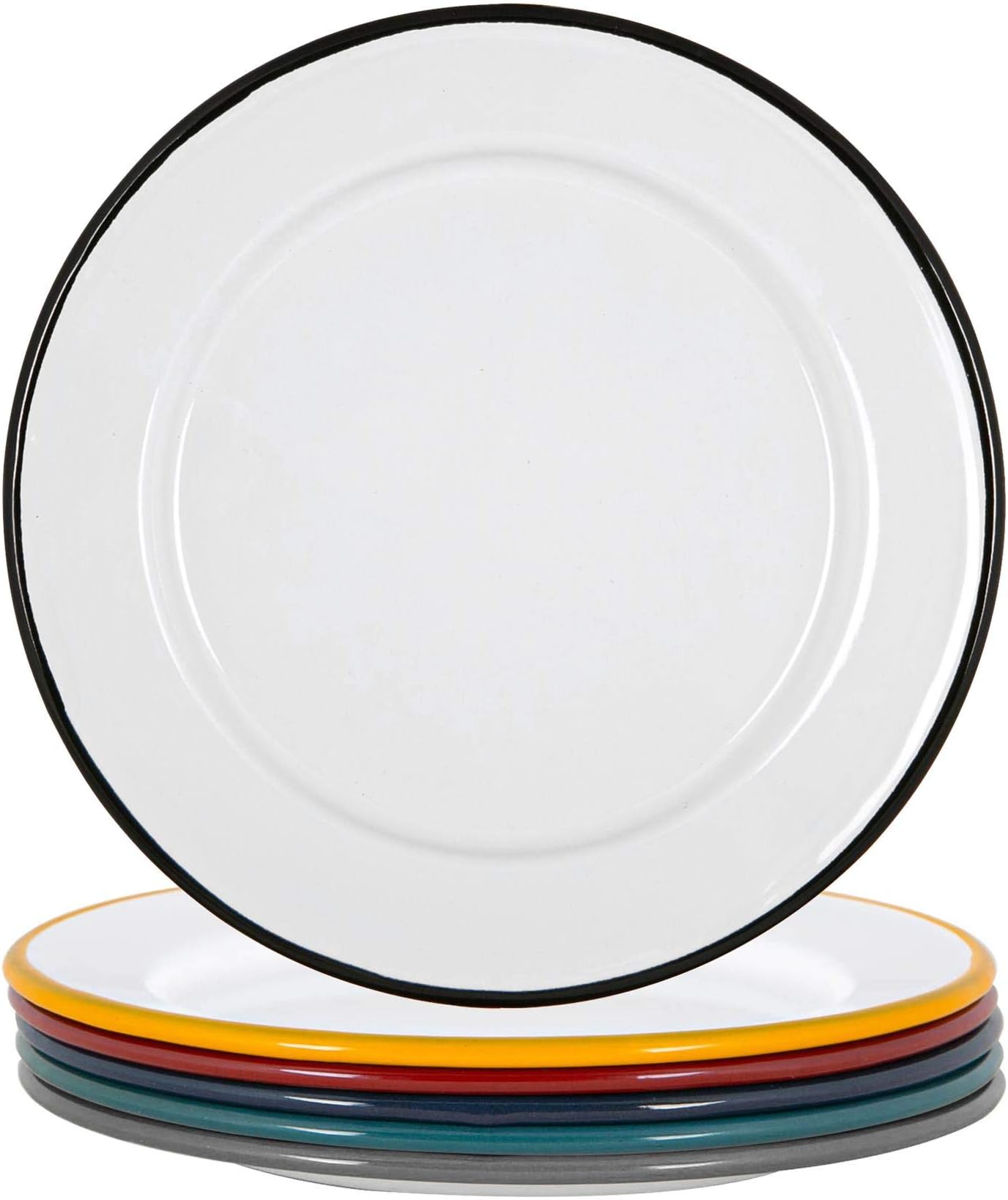 Argon Tableware Enamel Side Plates - 20cm (8inch) - Multi - Set of 6 Small Dish Coloured Rim Dessert Plates Metal Enamel Tableware Dinner Set for Kitchen, Dining, Serving, Camping & Outdoor Use