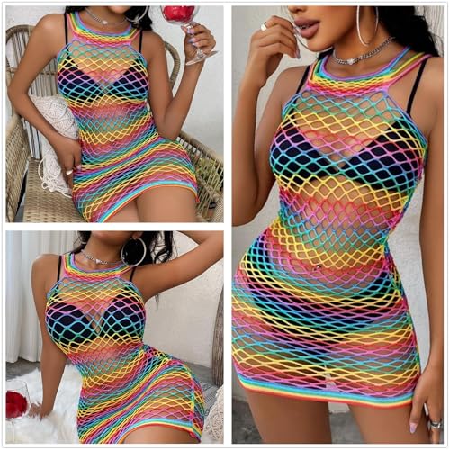 HUSSATOP Lingerie feminina sexy arrastão minivestido vazado transparente body elástico saída de prai