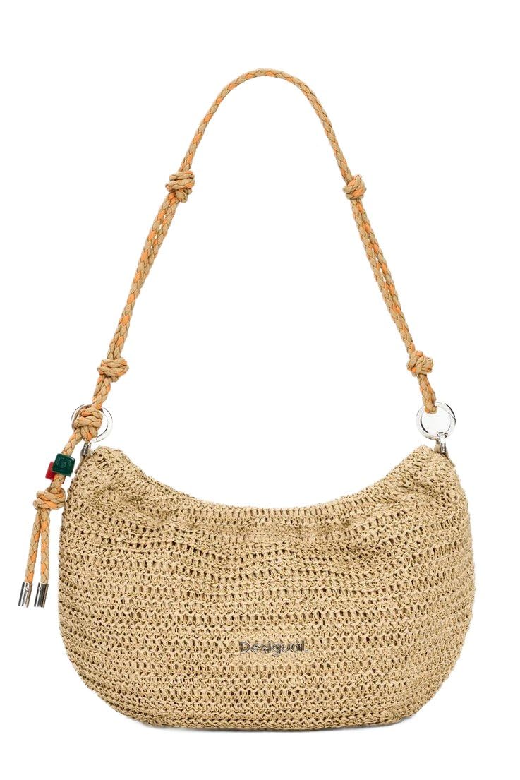 Desigual Damen Natural Umhängetasche Schultertasche Half Logo Raffia Bag Beige