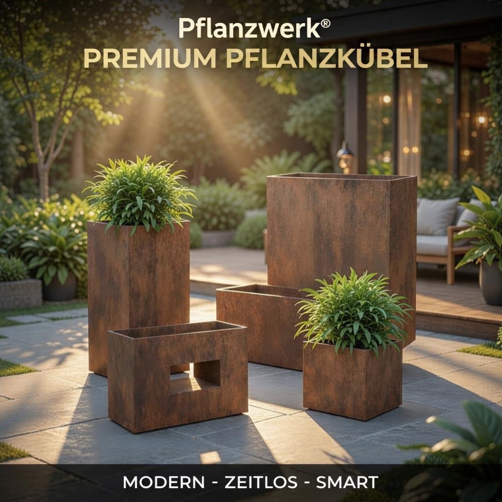 Pflanzwerk® Pflanzkübel TUB Rost Braun 40x80x40cm XXL – Rechteckig – Großer Fiberglas Blumenkübel für außen und innen - Frostbeständig - UV-Schutz – Markenqualität